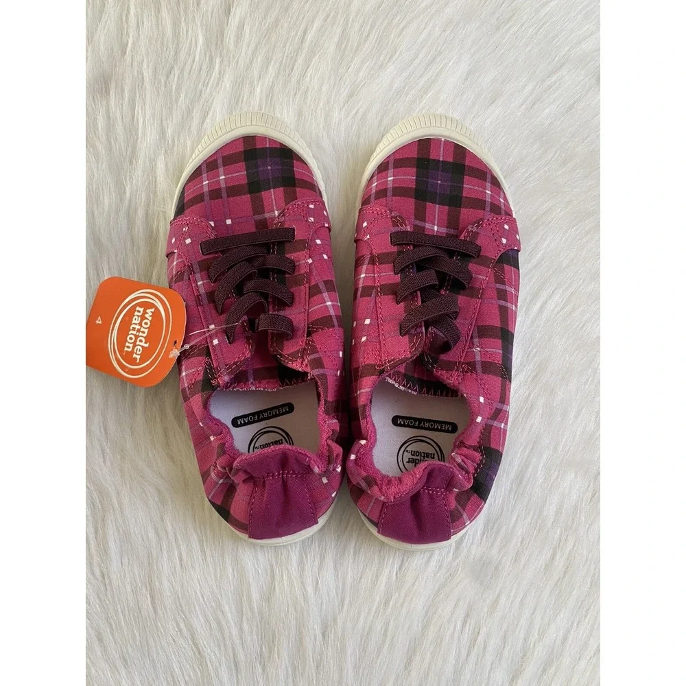 Wonder Nation Pink Plaid Shoes‎ Girl's Size 4 Slip On Stretchy Back
